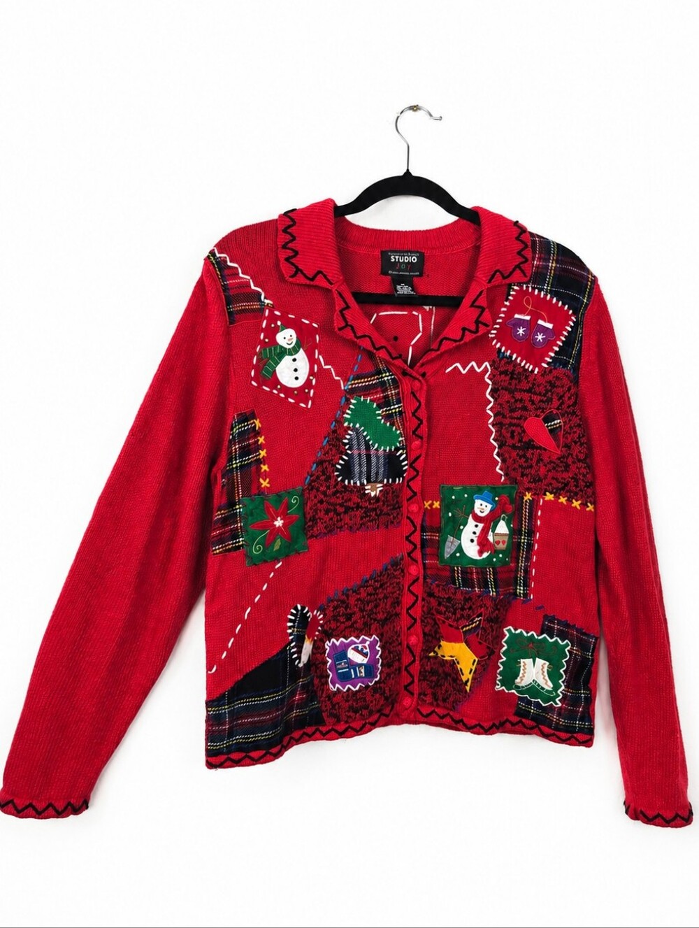 Vintage 90s Y2K Studio Joy Christmas Cardigan Patchwork Ugly Sweater Medium